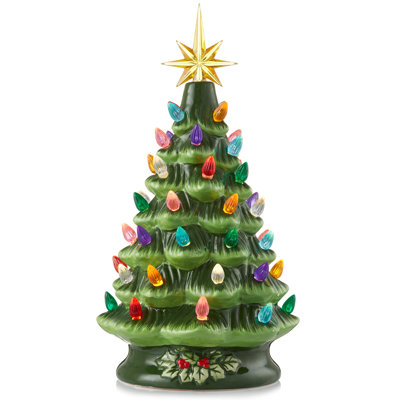 Hand Painted Ceramic Christmas Tree, Pre-Lit Tree with Star