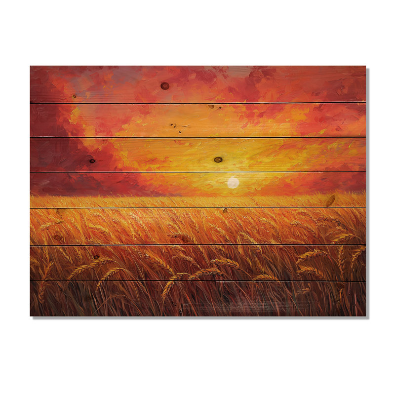 Sunset Over The Wheat Field III - Countryside Wood Wall Decor - On Natural Pine Wood, 34" H x 44" W x 0.78" D