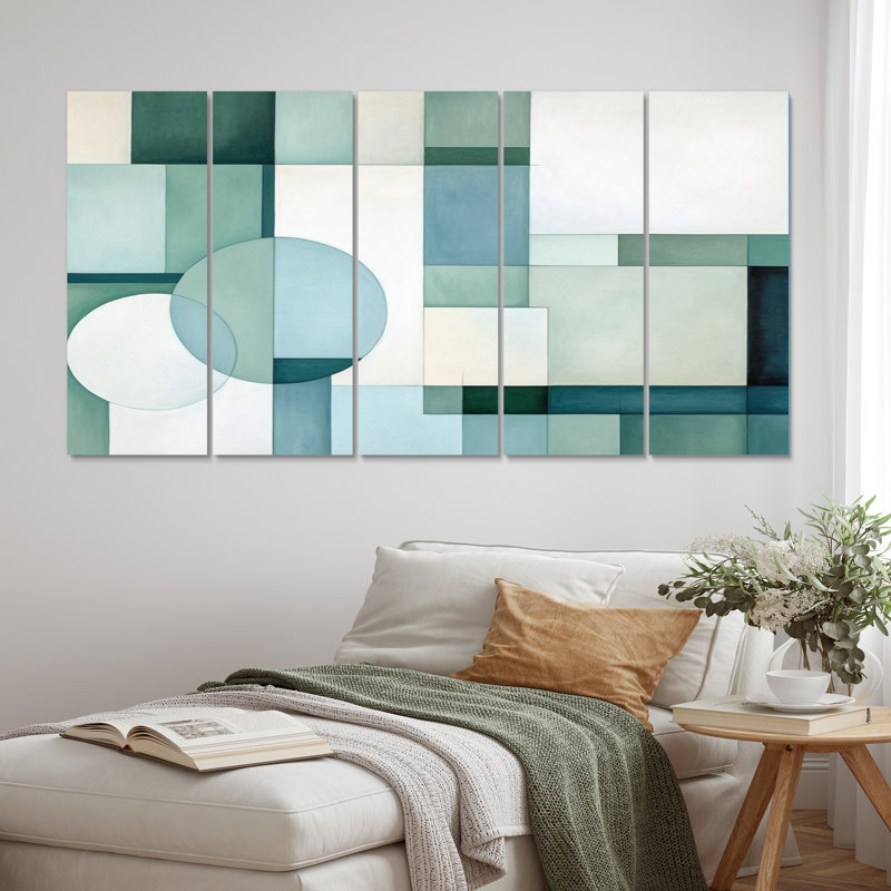 «Green Blue Abstract Geometric Fusion I», art mural sur toile à formes abstraites - 5 panneaux égaux