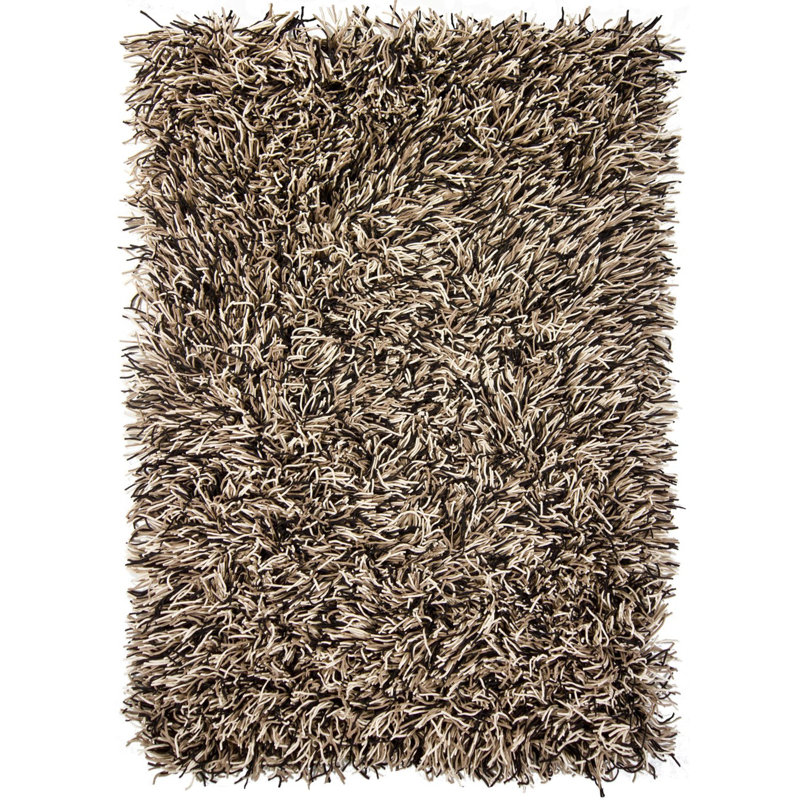 Cyrah Handmade Shag Abstract Black/Brown/Cream Area Rug, Rectangle 9' x 13'