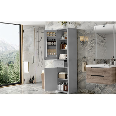 Grande armoire de rangement pour salle de bain, armoire de rangement autoportante avec deux portes de taille différente et tablette réglable, conception à étagère de porte, panneau de fibres à densité moyenne avec finition peinte, gris