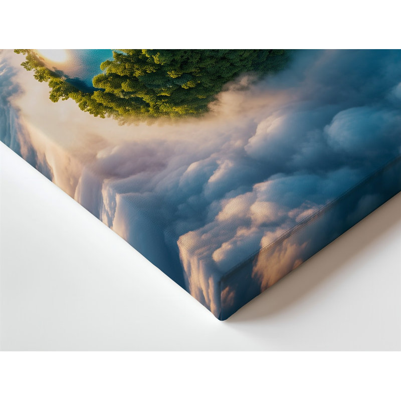 Toile, "Une planète luxuriante et vibrante," Terre flottant dans une atmosphère sereine ", art mural enveloppé de nuages blancs
