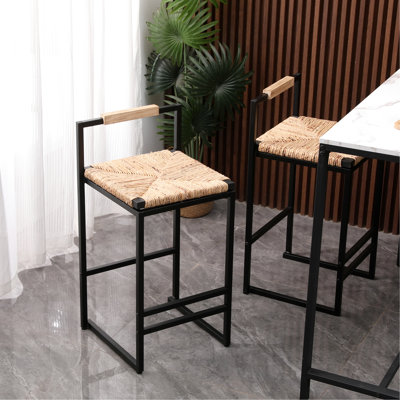 De 2 tabourets de bar en jacinthe d'eau tissés à hauteur de comptoir avec dossier - Chaises robustes pour le salon, fer soutenu par le bureau pour la cuisine, appartements