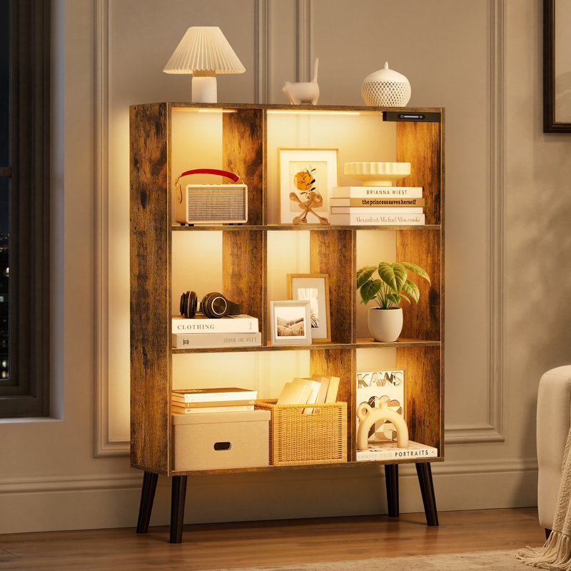 4-Tier Open Shelf Bookshelf 7 Cube Storage Organizer Bookcase With Anti-Tilt Device And LED, Brown
