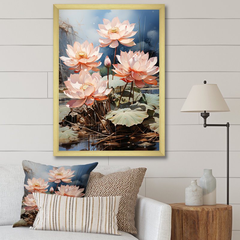 Lotus Dreams Amung The Lily Pads, Cadre doré simple, H 32 po x l 16 po x P 1 po