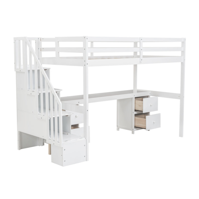 Lit mezzanine simple avec bureau et 2 tiroirs de rangement, meubles en bois massif pour enfants, blanc, Blanc