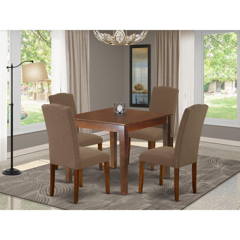 5 Piece Dinette Set for 4 Includes a Square Dining Room Table and 4 Dark Coffee Linen Fabric Parson Dining Chairs, Mahogany