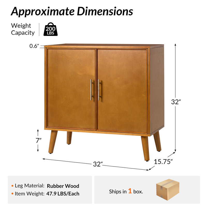 Anita 32'' W Mid-Century Modern 2-Door  Solid Wood Accent Cabinet with Adjustable Shelves and Cable Management, Acorn