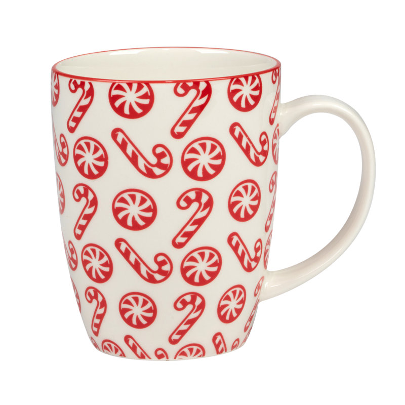 Set of 6 Red and White Ceramic Christmas Mugs