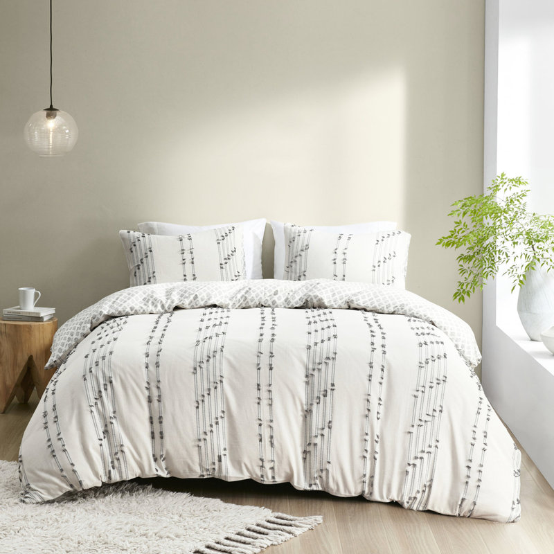 Housse de couette en coton très grand / très grand - Rayures grises, avec motif d'étoiles