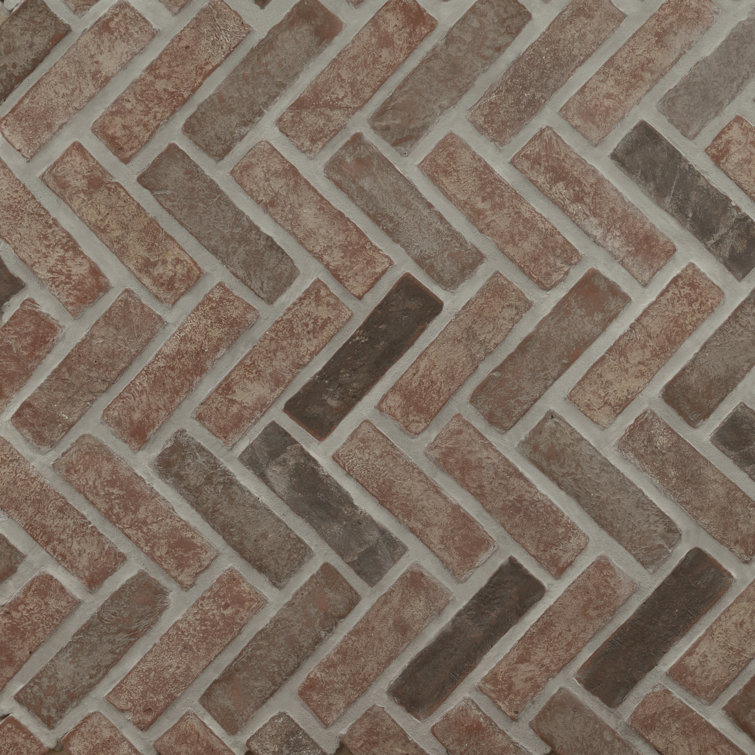 ArtisanBrik 12.5" x 25.5" Textured Clay Brick Herringbone Mesh-Mounted Mosaic Floor & Wall Tile