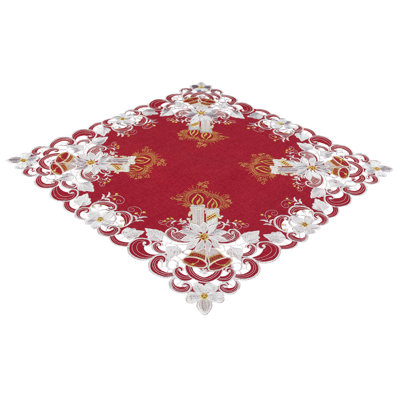 Christmas Candles, Bells And Poinsettia On Red Doily, Table Topper (24" Square)