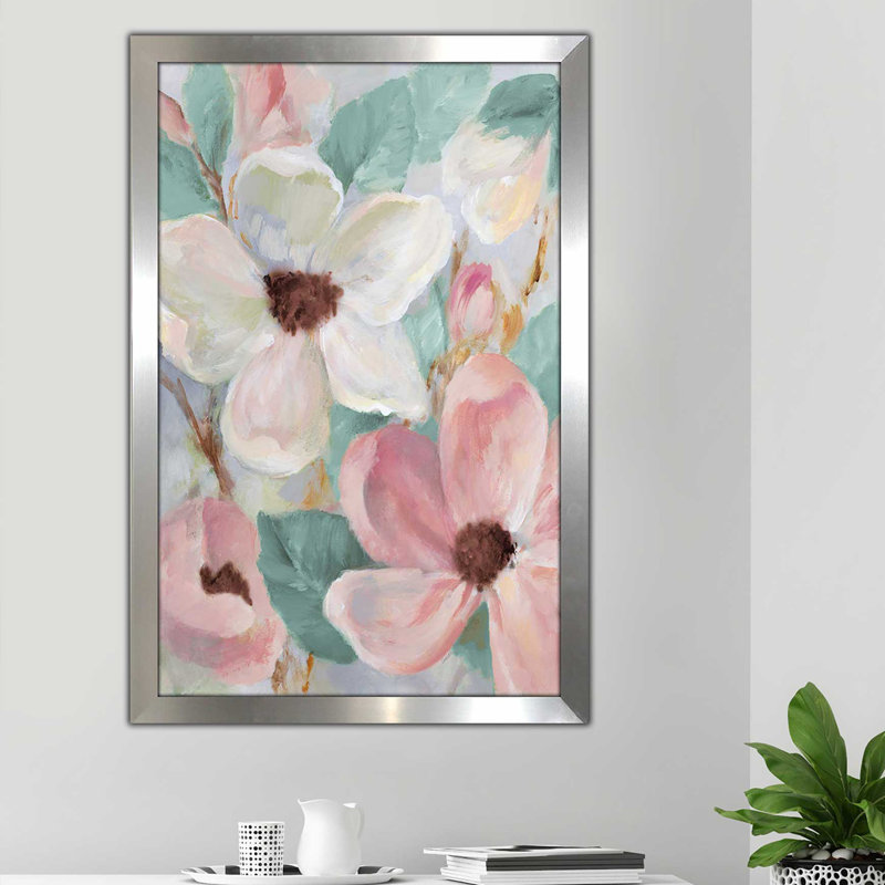 «Silemment Bloom Teal I», reproduction de peinture à l'huile, H 24 po x l 18 po x P 0,75 po, Encadrement argenté