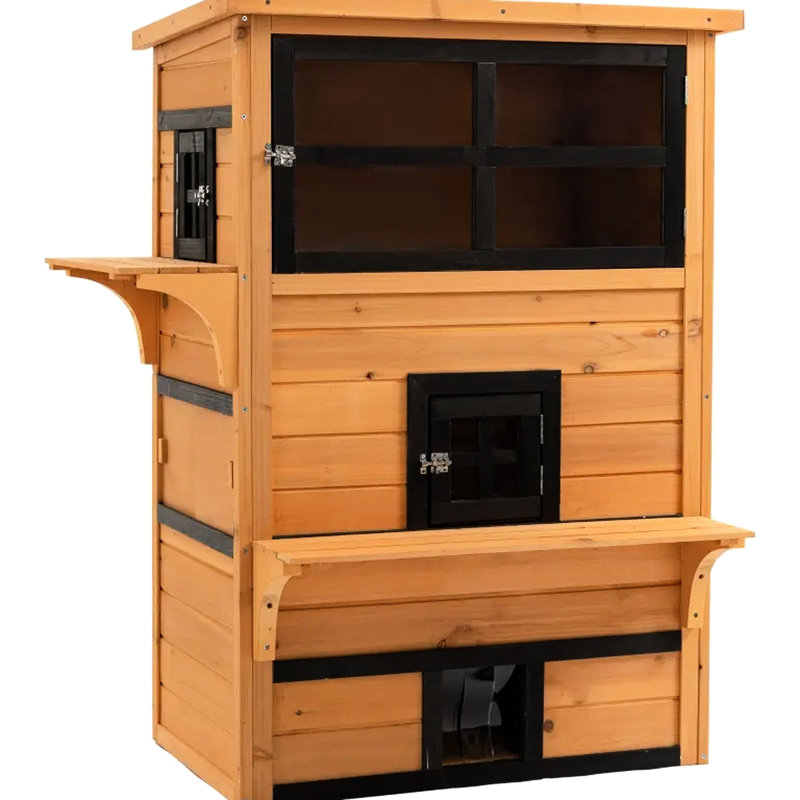 Maison d'extérieur pour chat avec fenêtres, portes de secours et plusieurs plateformes - structure en bois de sapin, conception à cinq portes, assemblage requis avec entrées amusantes, portes en bois massif