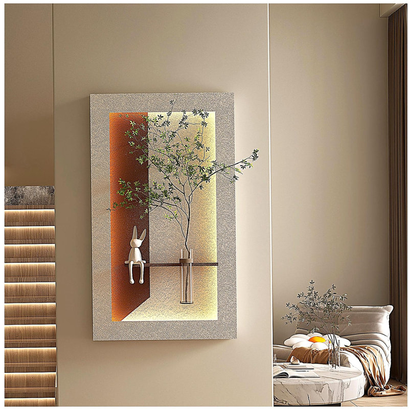Adjustable 3-Color LED Sandstone Wall Decor with Simulated Green Plants - 3D Art Sculpture, Glass Vase & Rabbit Statue, Remote Control Light Strips for Living Room, Bedroom, Hallway