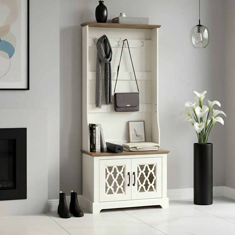 Chessani Hall Tree with Bench and Shoe Storage, Ivory/Knotty Oak