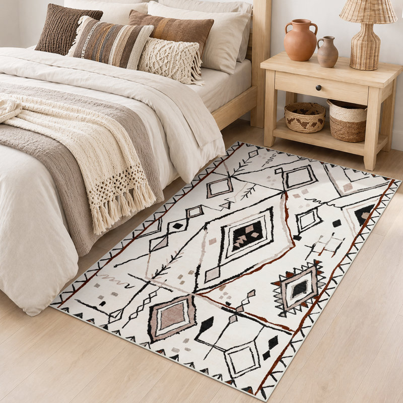 Tapis marocain bohème lavable à la machine Boho, Beige, Rectangulaire 3 pi x 5 pi