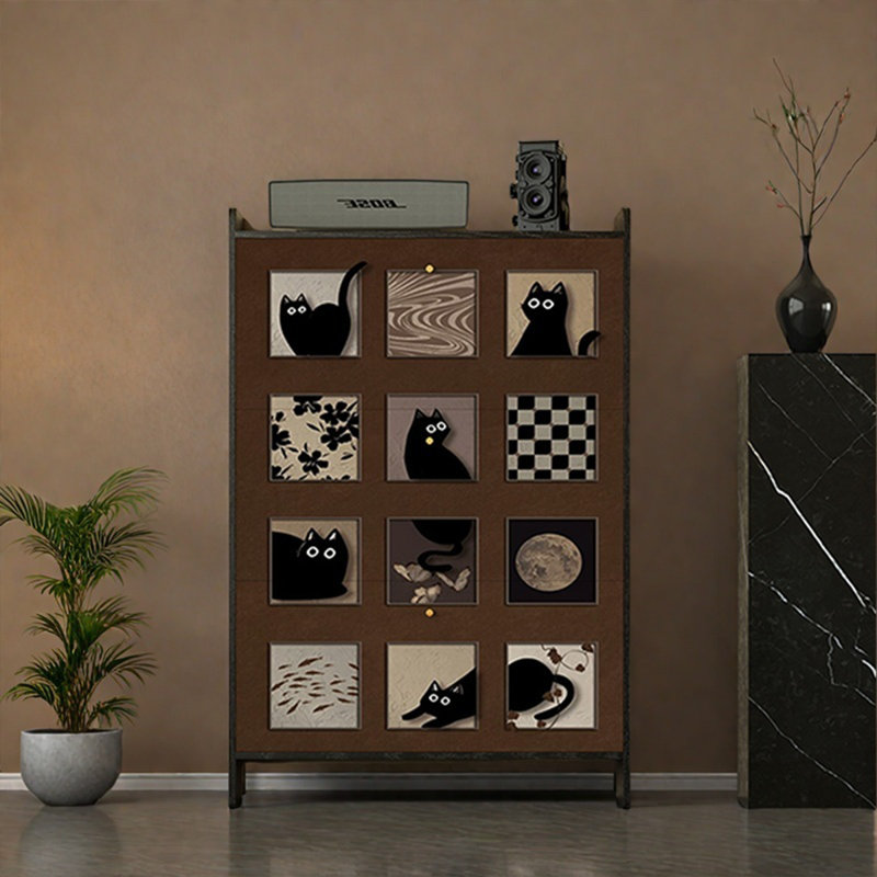 Ultra-Thin Flip-Down Shoe Cabinet with Cat Pattern