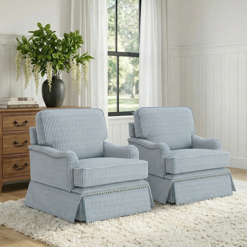 Upholstered Skirted Swivel Accent Chair (Set of 2), Pinstripe Blue Cotton Blend, No, 2