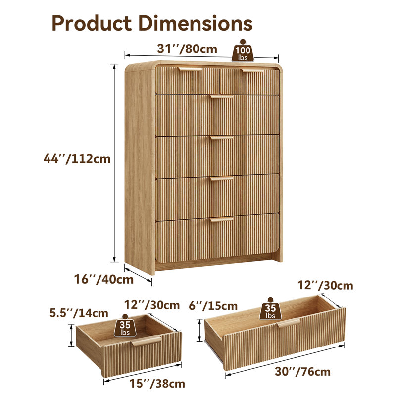 6-Drawer Dresser For Bedroom, 44'' Tall Modern Chest Of Drawers TV Stand, Wood Storage Dresser Organizer For Living Room, Hallway
