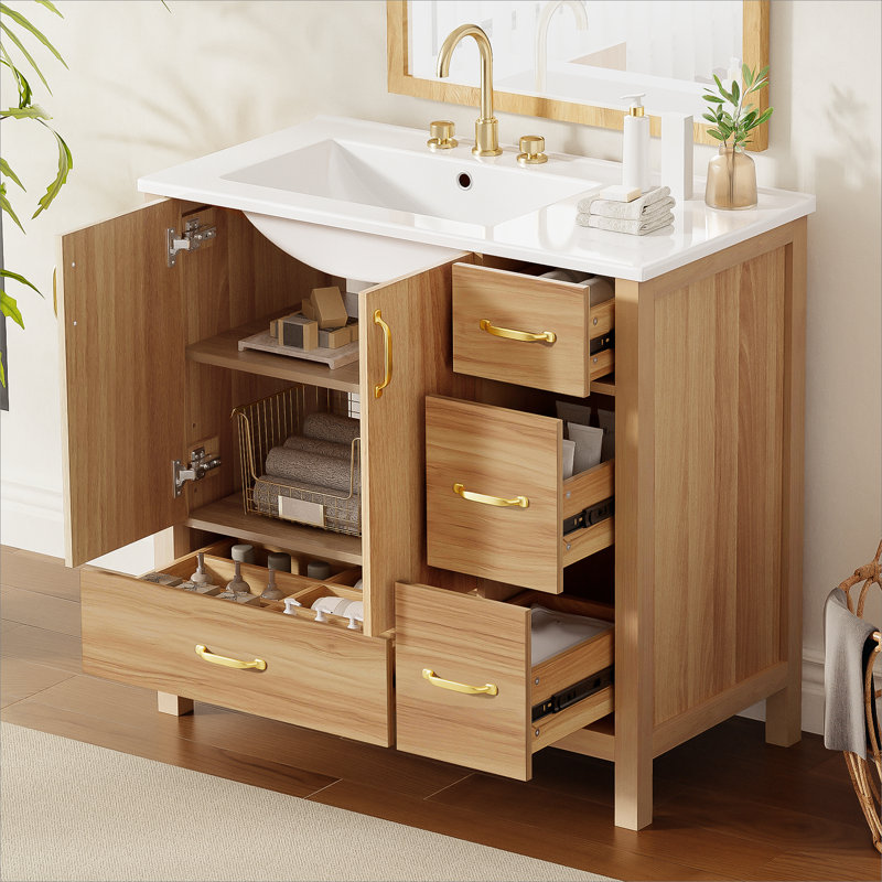36" Wood Bathroom Vanity with Solid Wood Frame, 2 Soft Close Doors, 4Soft Close Drawers, Adjustable Shelf, Modern Storage Cabinet