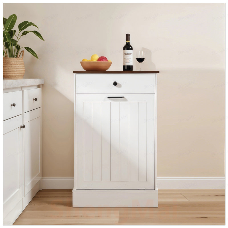 Armoire à poubelle inclinable avec tiroirs, peu encombrante et résistante aux odeurs pour les cuisines et les salons modernes
