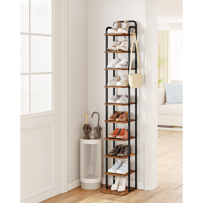 Vertical Shoe Rack, Shoe Shelves, Wood Shoes Organizer for Closet, Entryway.Shoes Tower for Small Spaces, Freestanding, with 2Hooks, Rustic Brown and Black, 10 Tier(26.5Wcm) 