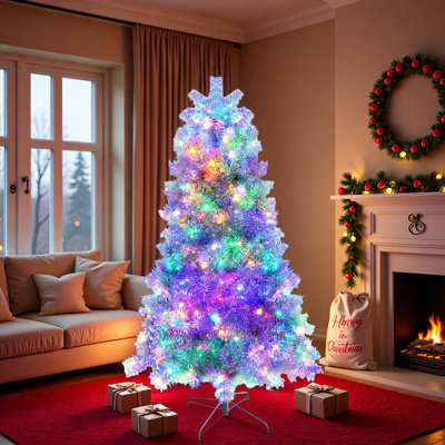 Arbre de Noël artificiel pré-éclairé avec base en métal, 800 branches, 300 lumières DEL et 11 modes d'éclairage Sliver