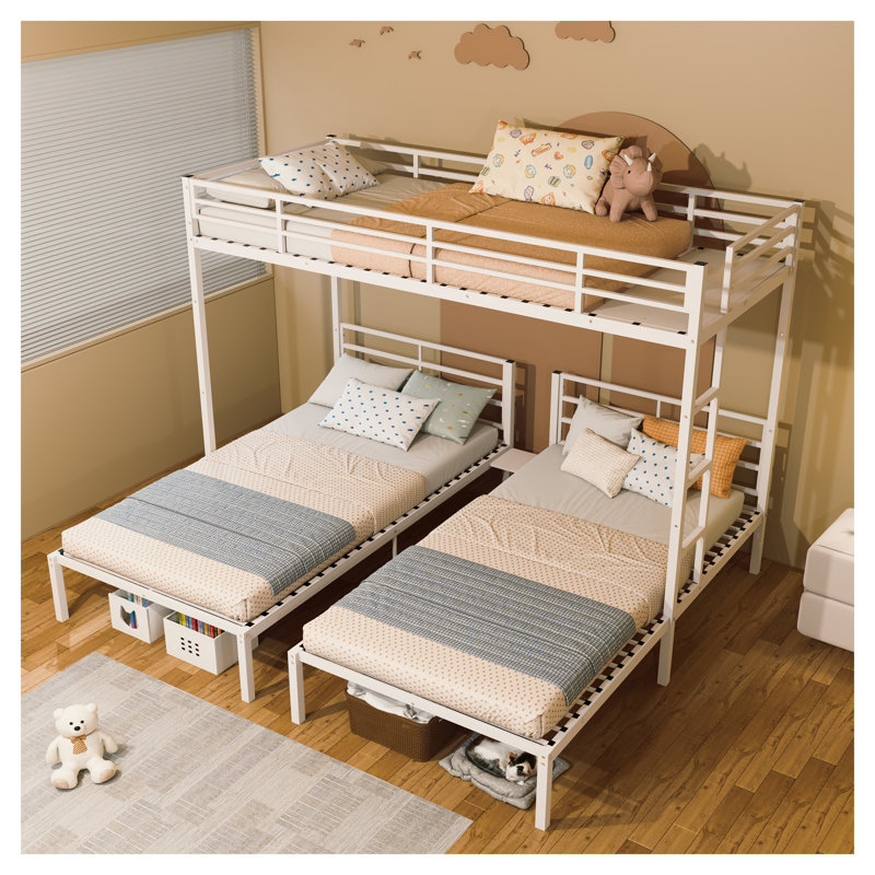 Cadre de lit superposé triple en métal, lits simples convertibles en forme de L, blanc
