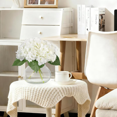 White Artificial Hydrangea In Glass Vase With Faux Water For Home & Wedding Decor