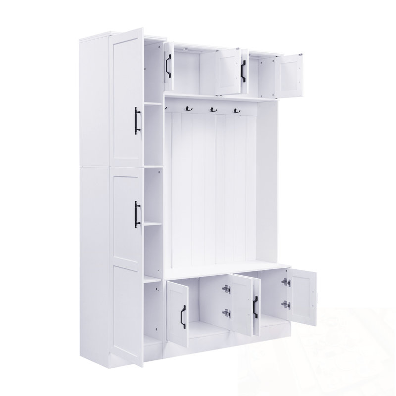 Hall Tree With Shoe Storage, 6 Cabinets, 4 Coat Hooks And Adjustable Shelf, White