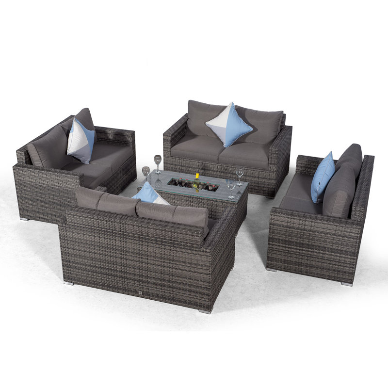 Villatoro Grey Rattan 4 X 2 Seat Sofa With 2 X Ice Bucket Rectangle Coffee Table, Outdoor Patio Garden Furniture