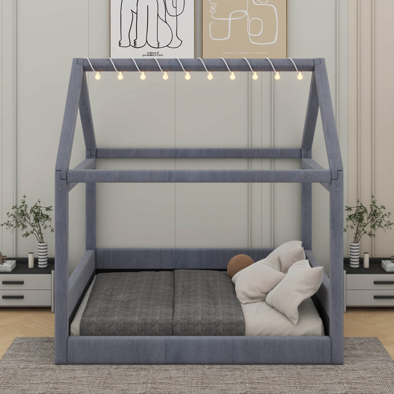 Lit plateforme tapissier pleine grandeur avec bandes lumineuses à DEL, structure de lit de jour en bois, Gris