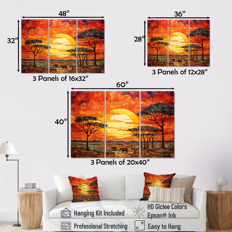 Savannah coucher de soleil en safari africain dans les teintes 2 - décoration murale mosaïque bohème, Toile tendue