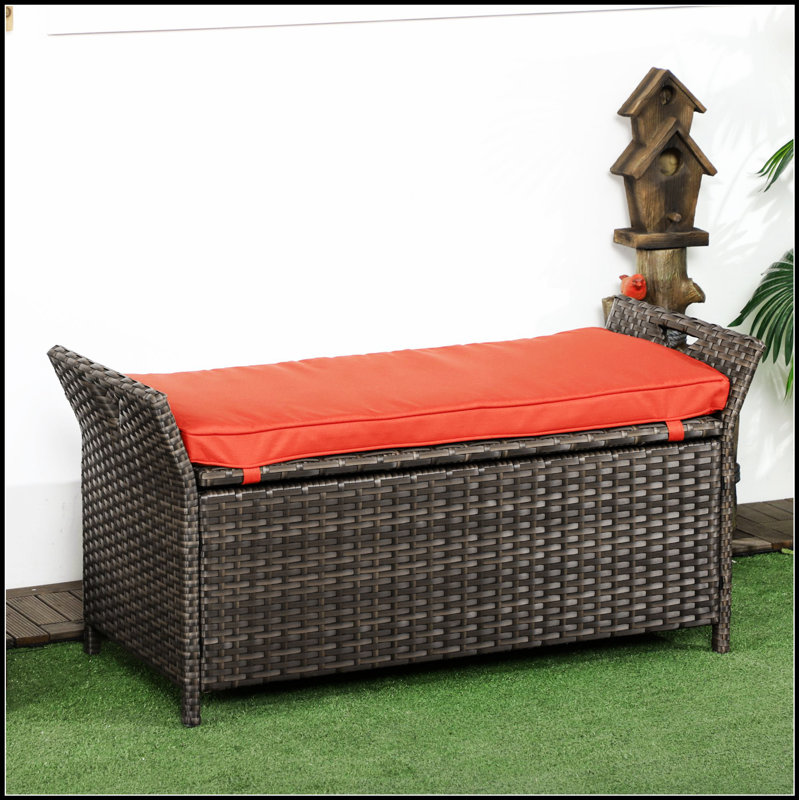 Banc de rangement en osier de patio 27 gallons Outsunny, meubles de patio en rotin PE pour l'extérieur