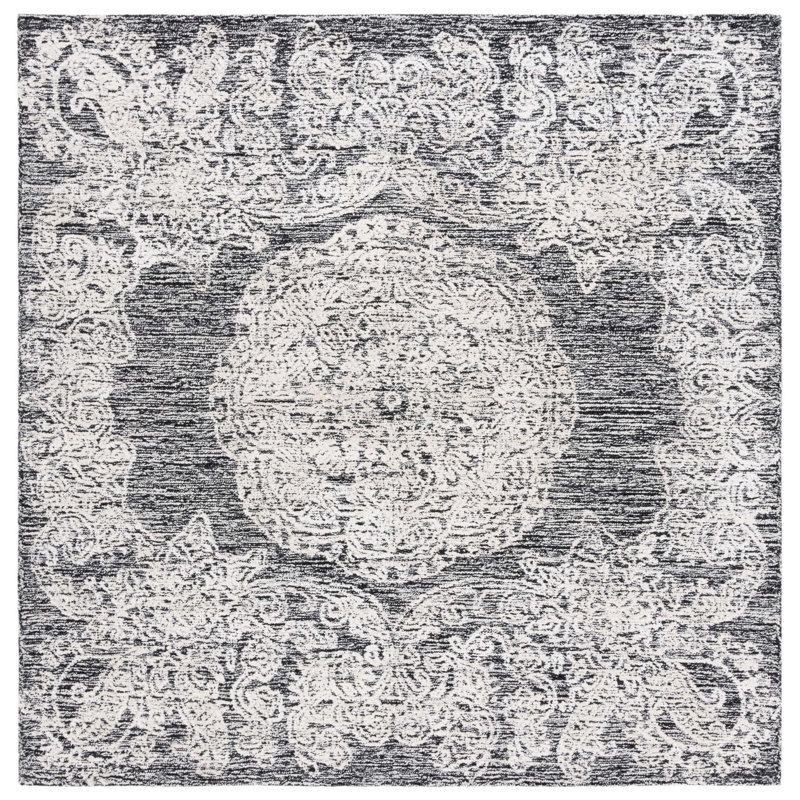 Tapis oriental gris / ivoire en soie / coton touffeté à la main Batichon, Carré 6 pi