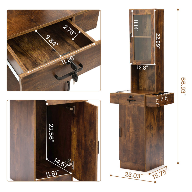 Professional Wall-Mounted Barber Station with Glass Door Cabinet Three-Tier Storage Shelf Spacious Drawer and Hair Dryer Tool Holders Rustic Brown Salon Spa Styling Furniture
