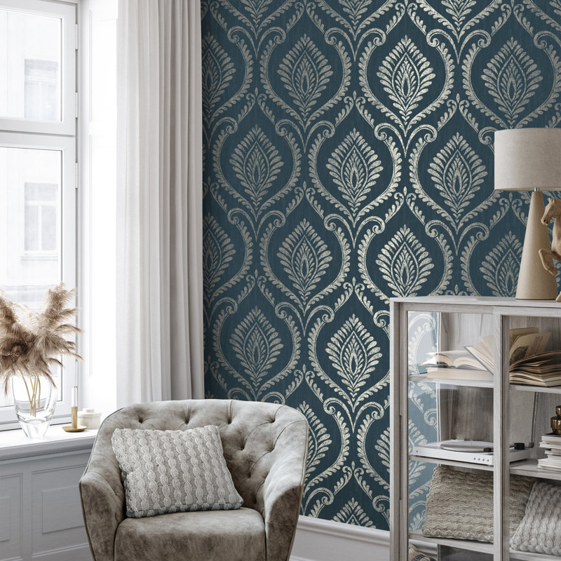 Estelle Damask Luxury Vinyl Wallpaper, Navy