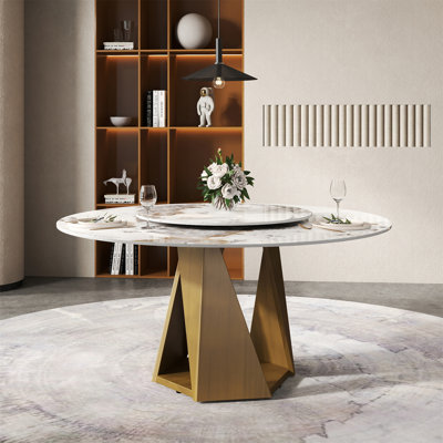 Table de salle à manger 59,05 po ronde en marbre avec base en fer bronze, marbre artificiel pour 6 à 8 personnes, table tournante en pierre artificielle blanche 31,5 po