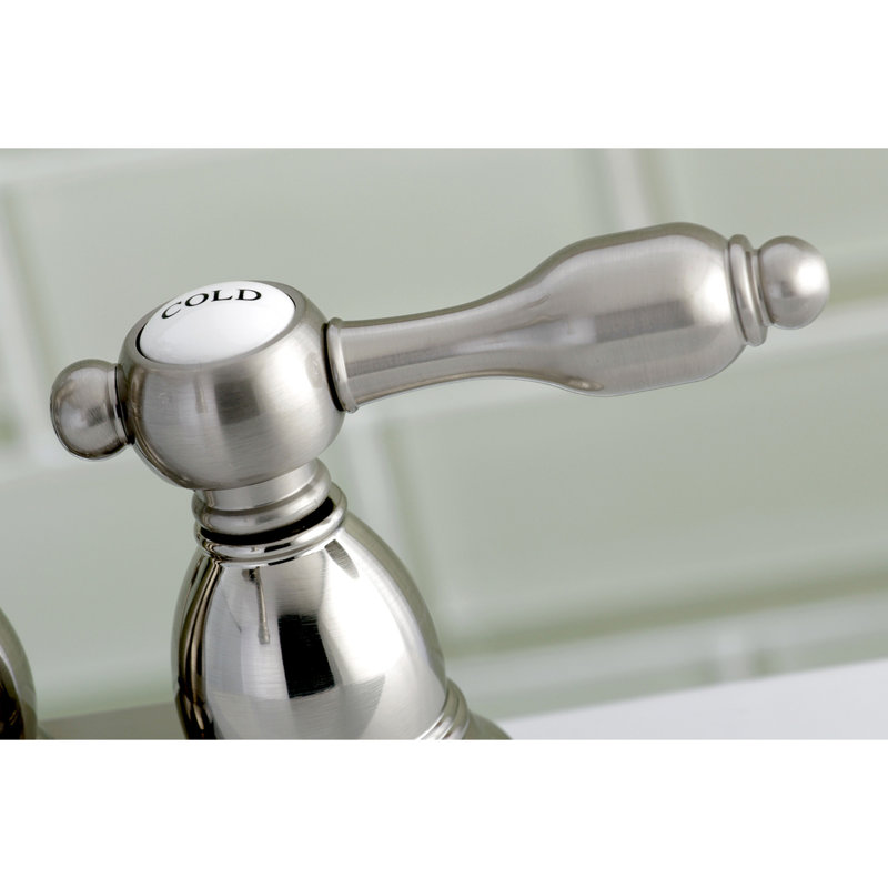 Kingston Brass Tudor Two-Handle 3-Hole Deck Mount 4" Centerset Bathroom Faucet with Brass Pop-Up, Brushed Nickel