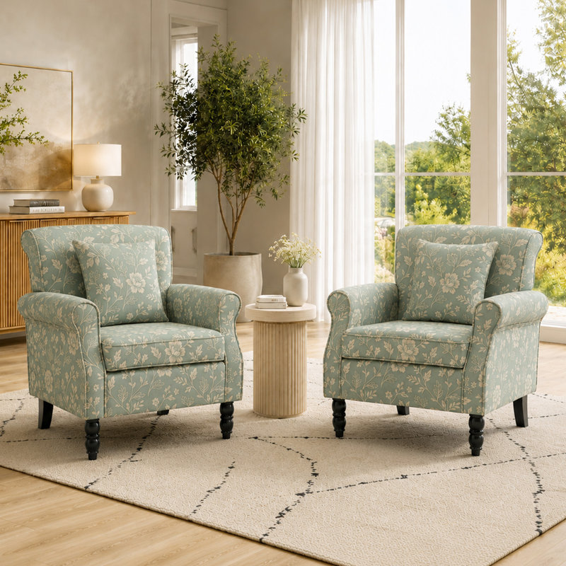 Vintage Floral Upholstered Armchair With Rolled Arms And Wooden Legs(Set Of 2), Green