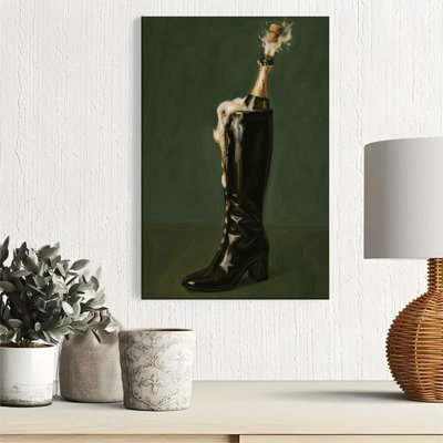 1pc Framed Canvas Wall Art Prints Poster, Champagne bottle cork popping, black high-heeled boots, surrealistic oil painting style Art Posters Canvas Print Painting for Living Room Bedroom Office Bathroom Dorm Home Decor, Ready To Hang