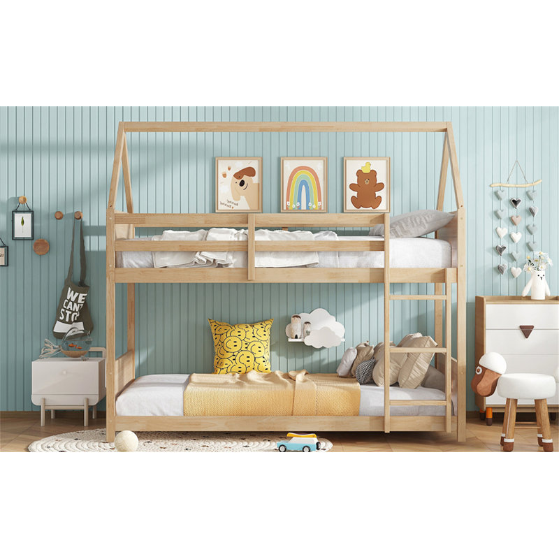 Lit superposé simple au-dessus d'une chambre simple avec tête de lit, pied de lit et garde-corps, échelle, lit superposé en bois d'hévéa avec garde-corps de sécurité