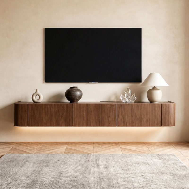 Console multimédia 71 po noyer flottant minimaliste moderne avec 3 armoires rabattables, meubles télé bruns pré-assemblés pour le salon