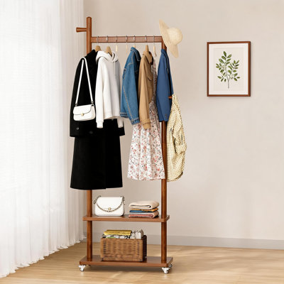 Portable Solid Wood Floor-Standing Coat Rack, Equipped With Two Shelves And Five Hooks, Sturdy And Durable, Suitable For Home, Hotel And Other Multi-Scene Applications.