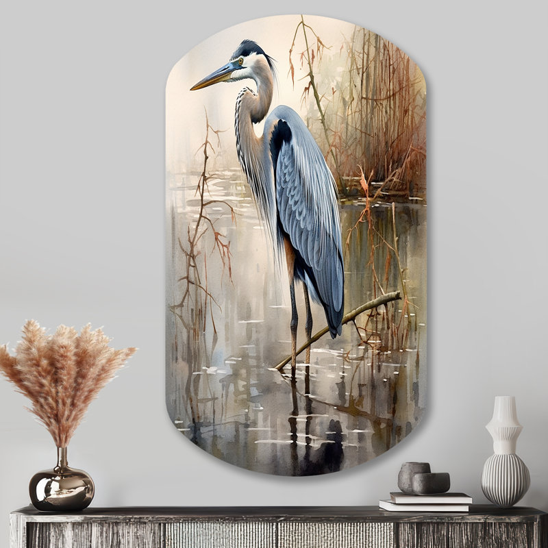 Graceful Heron Waterbird IV - Heron cylindrique, art mural asymétrique en métal, H 43 po x l 23 po