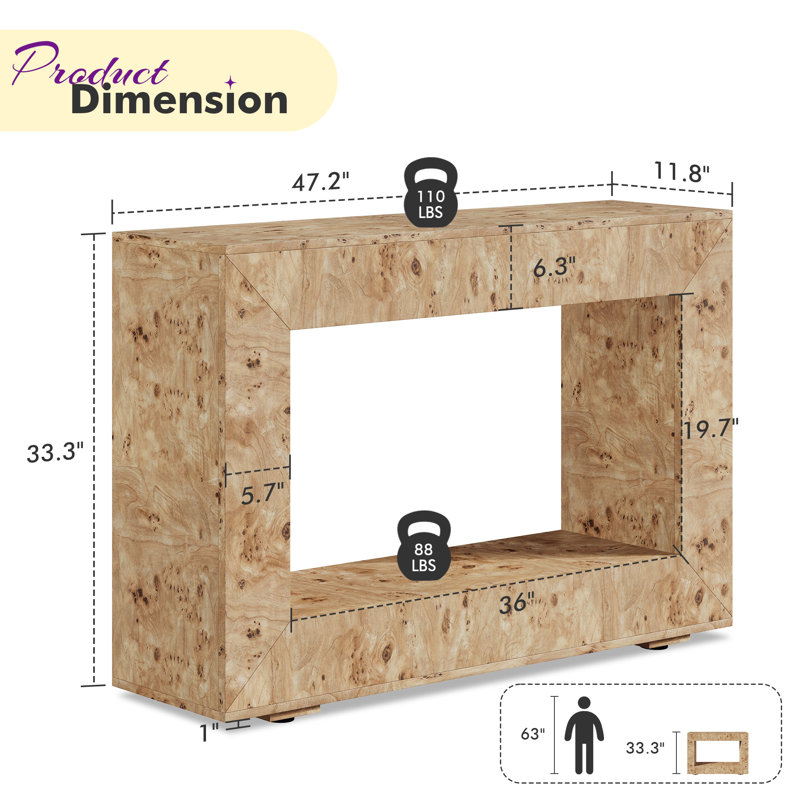 Dorne 47" Burl Wood Console Table With Open Storage Shelf, For Entryway/Living Room, Yellow, Yellow