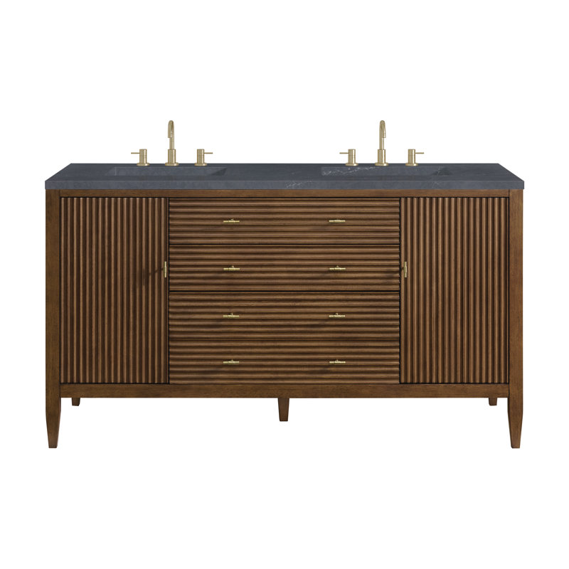 Myrrin 60'' W Double Vanity, Mid-Century Walnut, Charcoal Soapstone, 8" Widespread