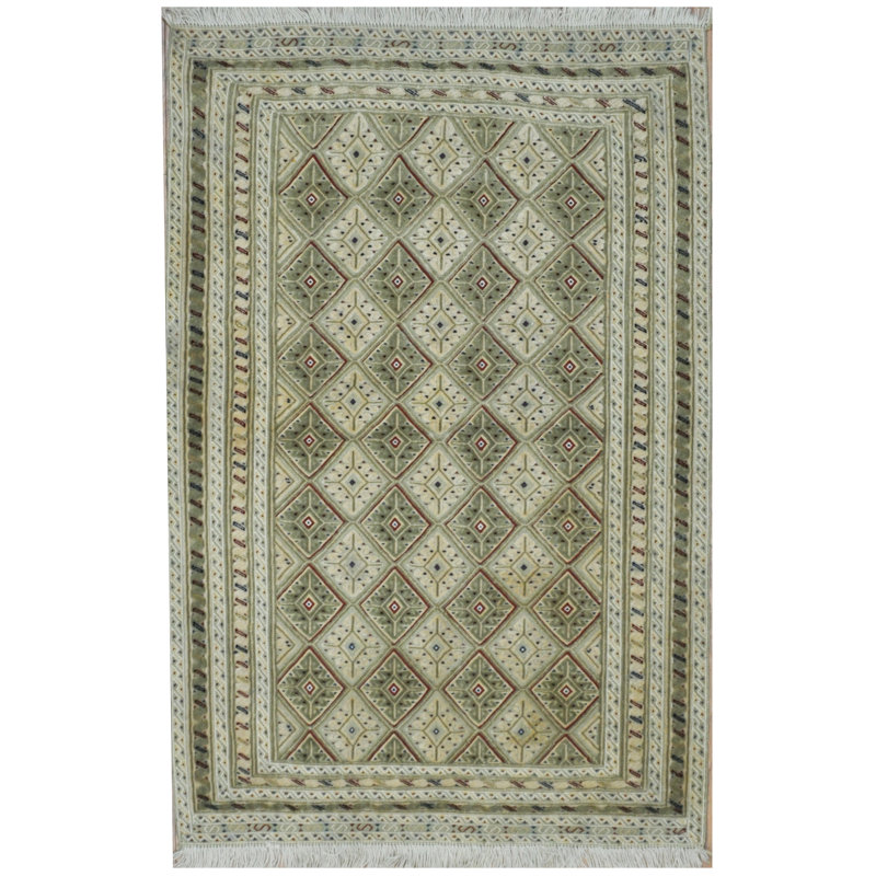 Tapis géométrique vert clair / gris / ivoire en laine tissé à plat à la main 2 pi 9 po x 4 pi 2 po