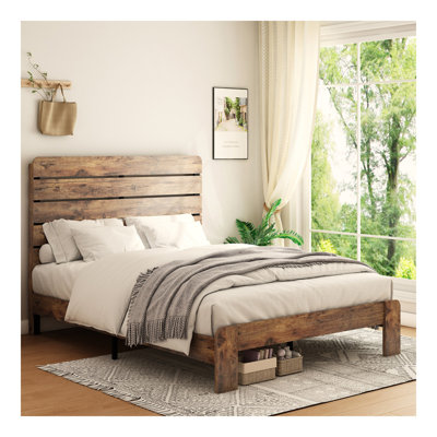 Cadre de lit double, cadre de lit plateforme en bois, silencieux, aucun sommier nécessaire et outil d'assemblage facile, grand rangement sous le lit, brun foncé